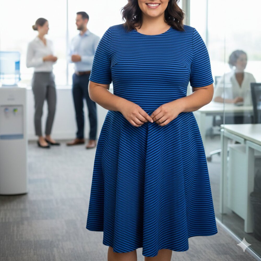 Eloquii Fit and Flare Blue & Black Stripe Dress Size 20 Flowy Flirty Office